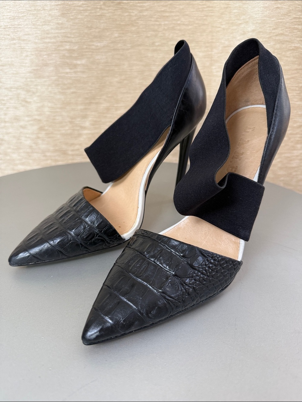 L.A.M.B. Black Croc-Embossed Pointed Toe Stiletto Pumps with Elastic Ankle Cuff